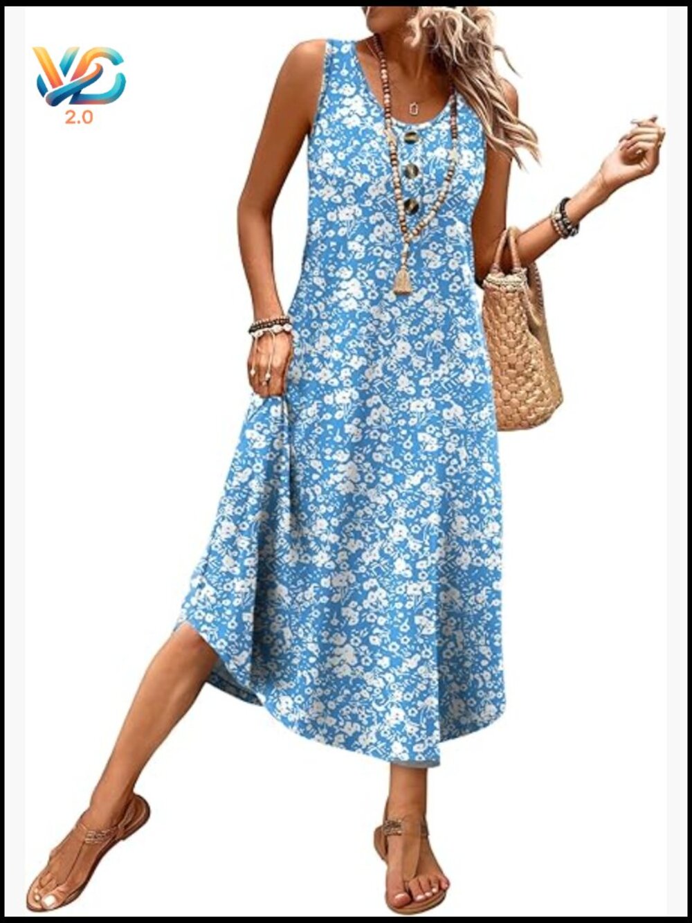Sleeveless Button Front Midi Sundress with Pockets Casual Beach Vacation